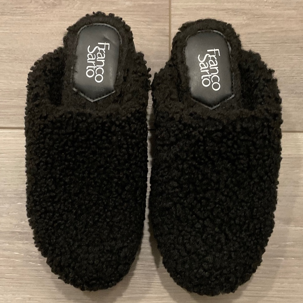 FRANCO SARTO Waleria Black Fleece Platform Mule Clog Size 7.5 LIKE NEW - Picture 2 of 8